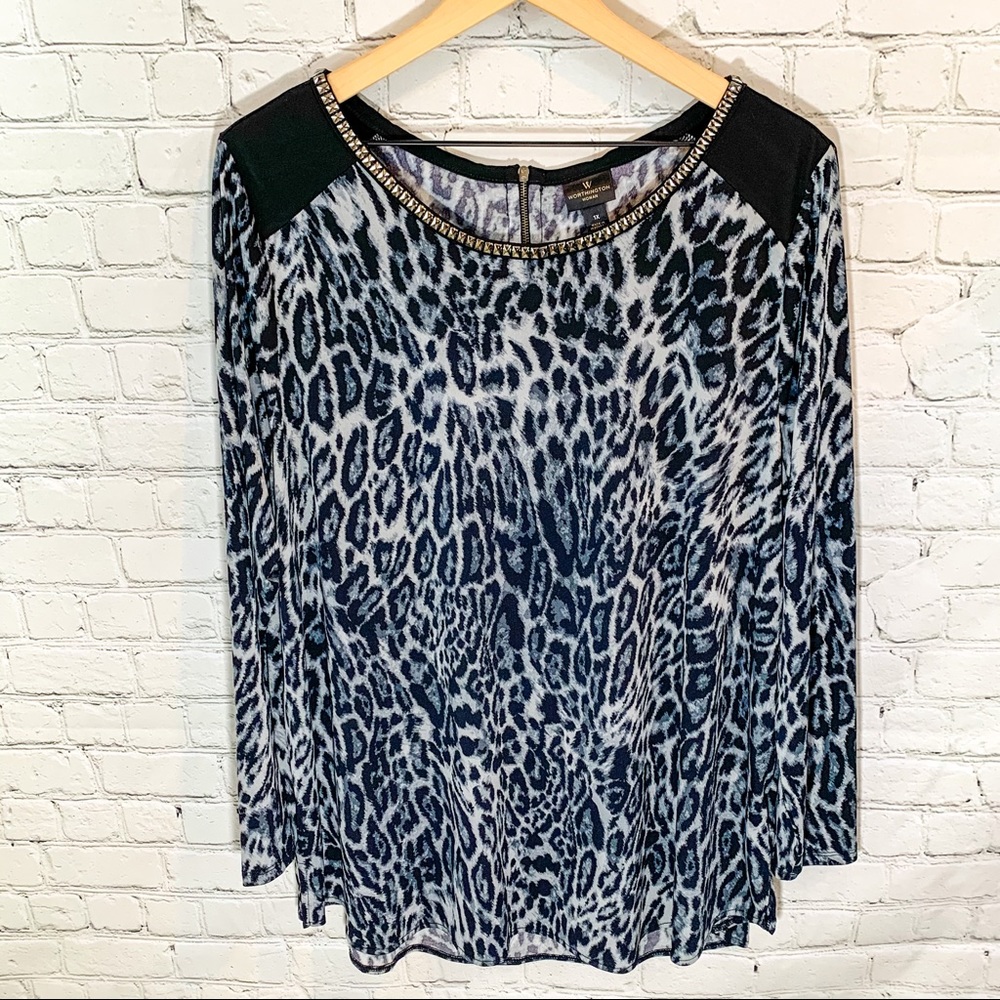 1X Worthington Black & Gray Leopard Blouse